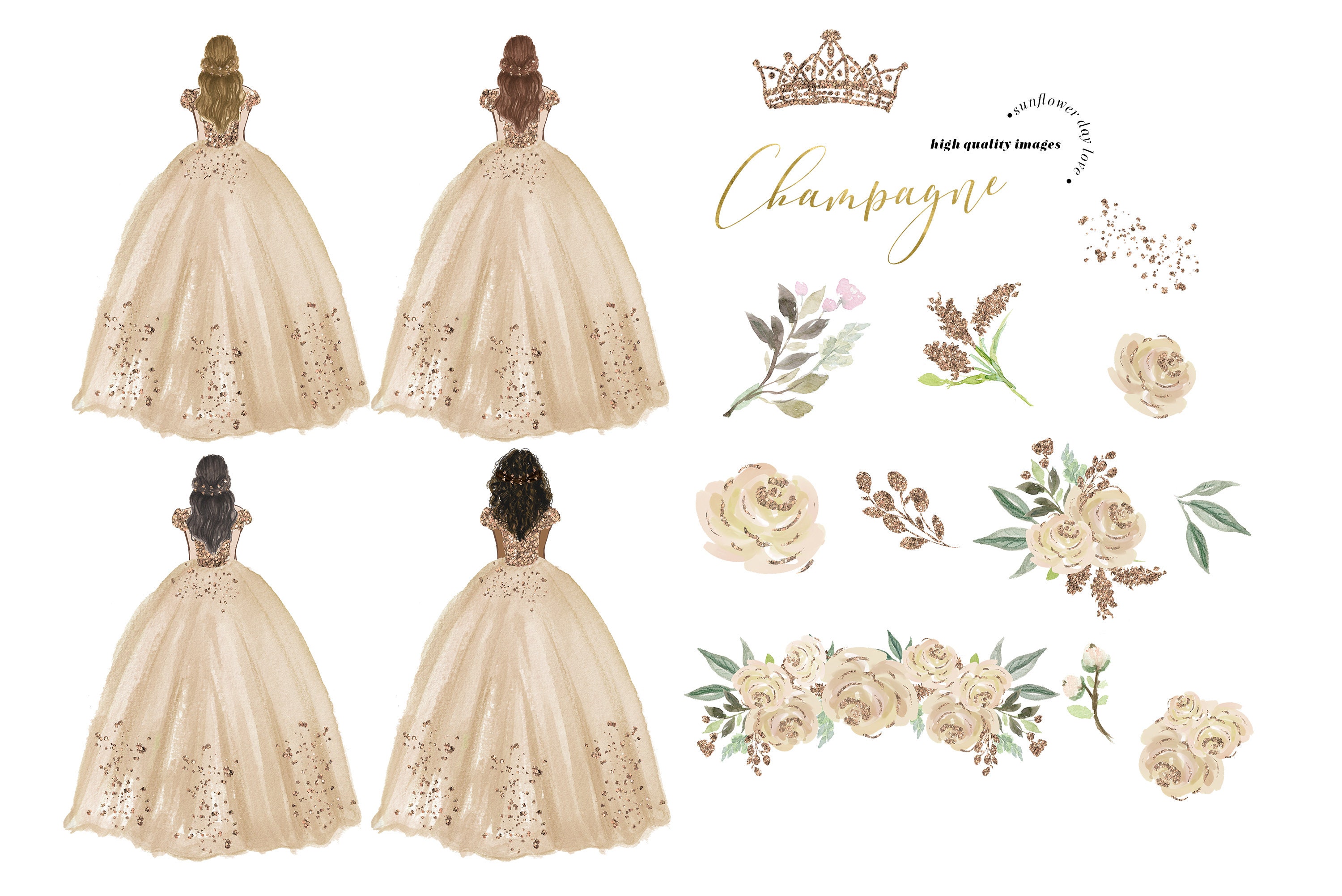 Elegant Champagne Princess Dresses Quinceanera Watercolor Clipart, Party Dresses  Champagne Flowers Clipart, Fashion Illustration, CA158 - Etsy Norway