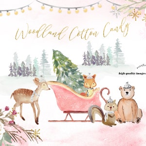 Modern Watercolor Winter Woodland Cotton Candy Animals Clipart, Elegant Christmas Mountain Clipart, Winter Forest Animal Pink Snowflake