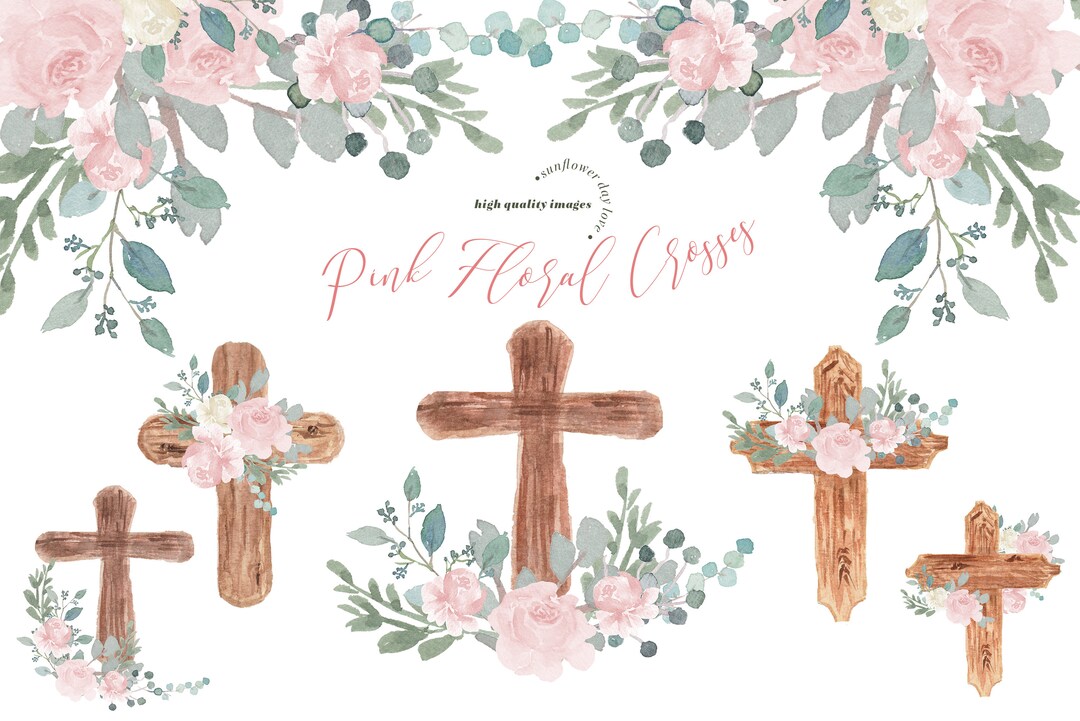 Pink Flowers Easter Cross Baptism Watercolor Clipart, Greenery Floral