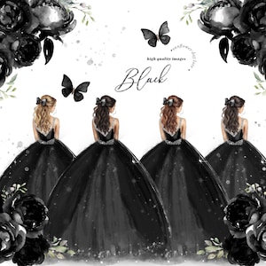 Czarno-srebrna księżniczka Premade Quince Clipart, Czarne kwiaty Quinceañera Fashion Clipart, Czarne sukienki motyli Brokat Clipart, CA190