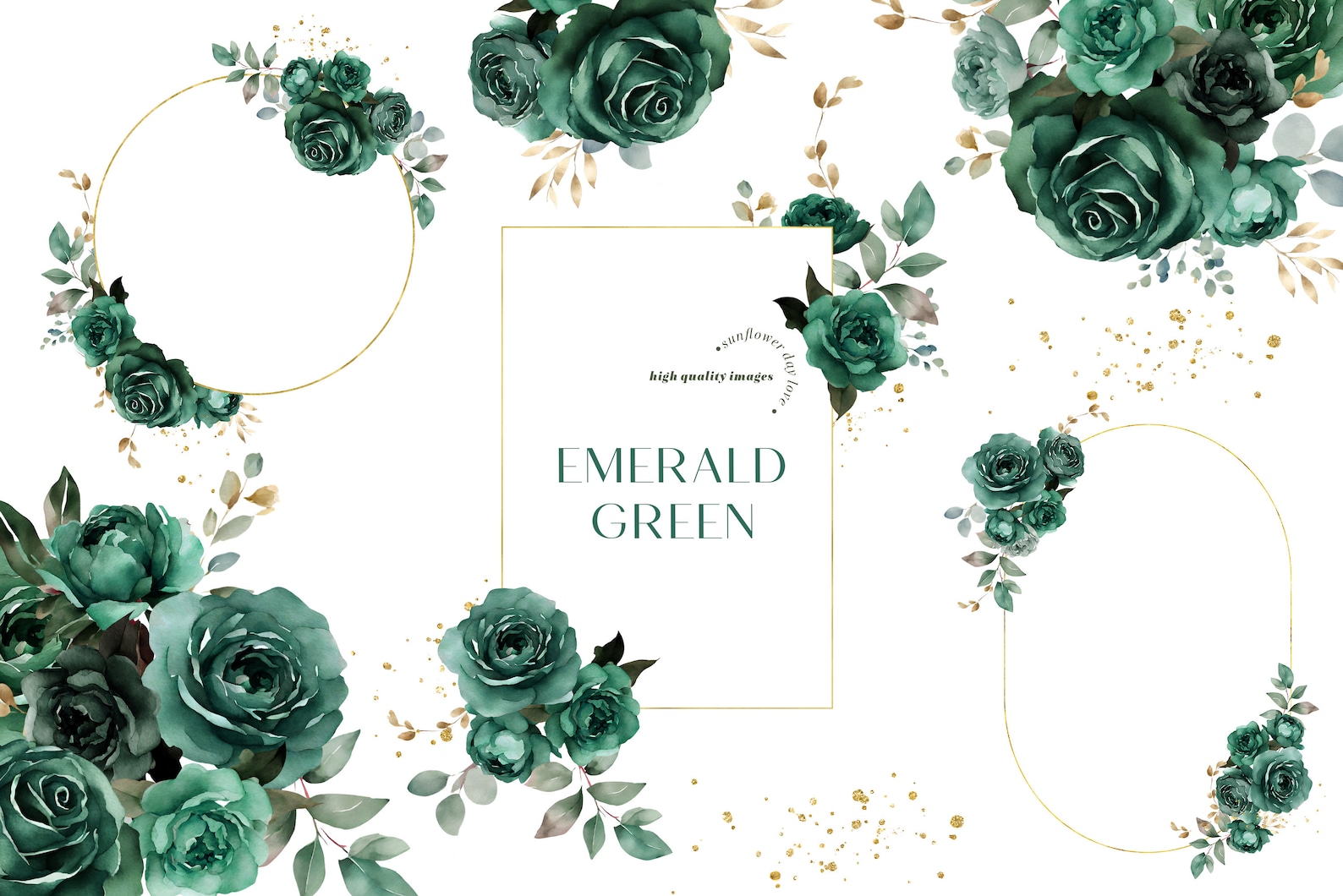 Watercolor Emerald Green Flowers Bouquets Clipart, Elegant Hunter Green ...