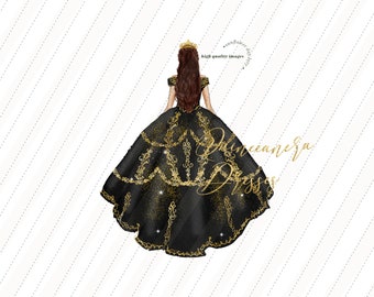 Elegant Black Princess watercolor clipart, Black & Gold Quineanera Wedding Dresses Mis quince Birthday Gold Crown Glitter Clipart, CA155