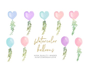 Pink Valetine Balloon, Blue Heart Balloon Watercolor clipart, Balloon Birthday Party, Bridal Shower & Baby Shower Clipart, Valentines Day