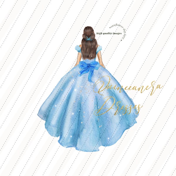 Pastel Blue Princess watercolor clipart, Pastel Blue Quinceañera Clipart, Elegant Wedding Dresses Mis quince Birthday Gold Glitter, CA154