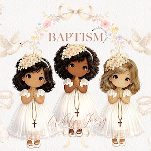 Puede incluir: Ilustración digital de tres niñas con vestidos blancos, coronas de flores y rosarios, con la palabra «BAUTISMO» arriba. El fondo incluye palomas y lazos blancos, creando un tema religioso suave, ideal para bautizos.