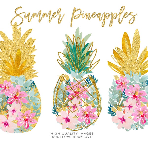 Pineapple Tropical Print Clip art, Summer print, Planner Sticker, Watercolor summer clip art, Hibiscus floral clipart, Summer Beach, CA043