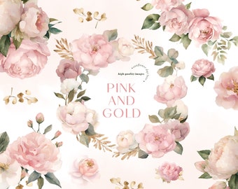 Watercolor Pink & Gold Flowers Clipart, Greenery Floral Clipart, Pink Flowers Bouquets Clipart, Floral Wedding Premade Gold Geometric Frames