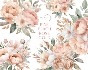 Watercolor Pink Peach Flowers Bouquets Birthday Clipart, Elegant Rose Gold Floral Wedding Premade Gold Geometric Party Supplies Clipart