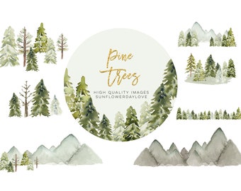 Winter Mountain Pine Trees Frame, Winter Christmas Tree clipart, Watercolor Forest Green clipart, Hand Painted Tree Illustration clipart