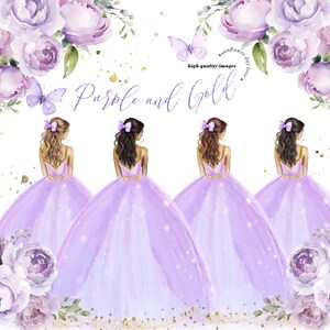 Elegante lila Prinzessin Kleider Gold Quinceaëra, lila Blumen Süß 16. Geburtstag Aquarell Vorgefertigte Mis Quitte Schmetterling Clipart, CA190