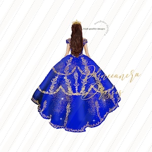 Elegant Royal Blue Princess watercolor clipart, Royal Blue Quinceañera Wedding Dresses Mis quince Birthday Gold Crown Glitter clipart, CA155