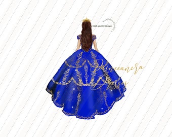 Elegant Royal Blue Princess watercolor clipart, Royal Blue Quineanera Wedding Dresses Mis quince Birthday Gold Crown Glitter clipart, CA155