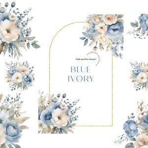 Elegant Navy & Ivory Flowers Watercolor Bouquets Clipart, Blue Floral Wedding Premade Gold Geometric Frames, White Floral Party Supplies image 2