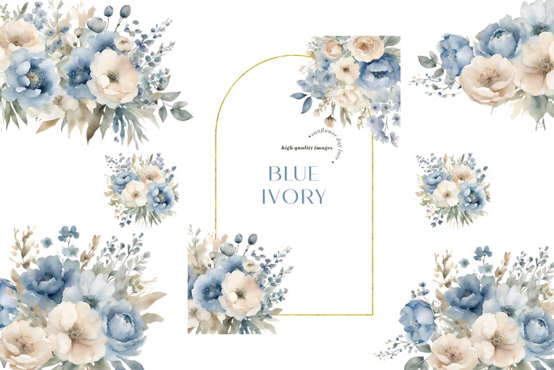 Elegant Navy & Ivory Flowers Watercolor Bouquets Clipart, Blue Floral Wedding Premade Gold Geometric Frames, White Floral Party Supplies image 2