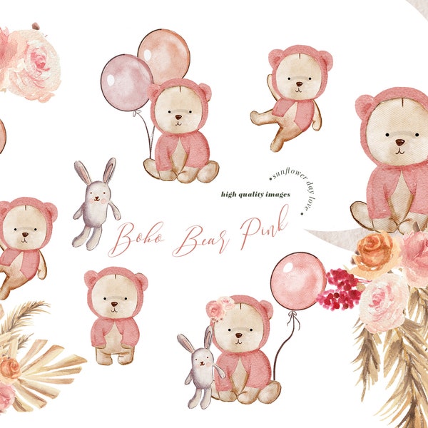 Pink Floral Bear Boho Pampas Grass Whimsical Moon clipart, Dried palm leaf, Watercolor Rabbit Pink Balloon, Bearly wait, Bears in Hoody