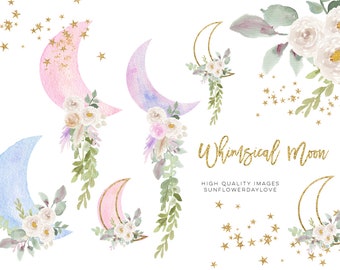 Greenery Gold Glitter Whimsical Moon Clouds Stars clipart, Greenery White flowers, Pink moon, Blue moon clipart, Sweet Dreams clipart