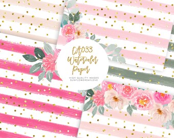 Pink Floral Digital Paper Pack, Gold glitter Hand Drawn Watercolor Peony Roses, Wedding Paper Pack, Planner Stickers Watercolor Flowers,