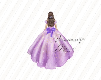 Elegant Pastel Purple Princess Dress Clipart, Purple Flowers watercolor clipart, Purple Butterfly Quinceañera Wedding Dresses Clipart, CA154