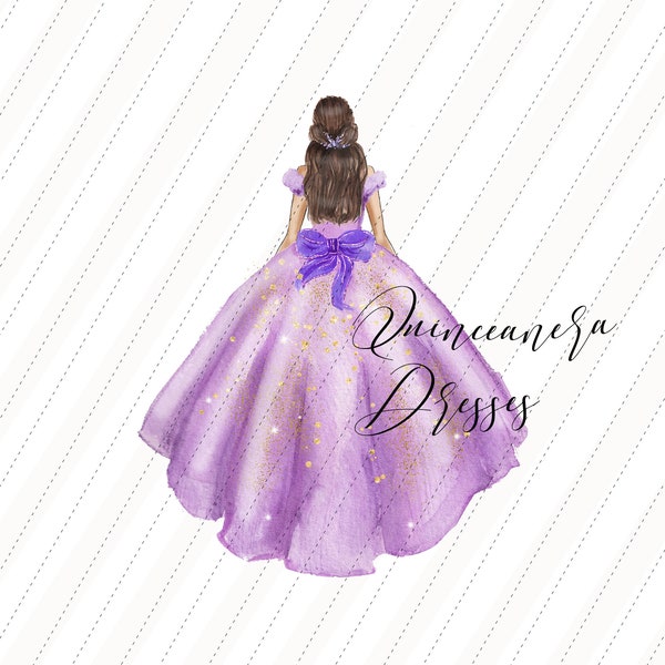 Elegant Pastel Purple Princess Dress Clipart, Purple Flowers watercolor clipart, Purple Butterfly Quinceañera Wedding Dresses Clipart, CA154