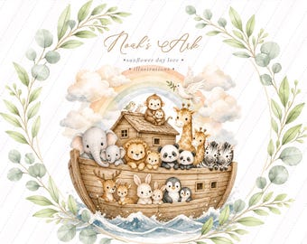 Puede incluir: Ilustración en acuarela del Arca de Noé con parejas de animales, incluyendo elefantes, leones, pandas, cebras y jirafas. El arca flota sobre el agua, con un arcoíris y una paloma en el fondo. La imagen está enmarcada por una corona de hojas verdes.