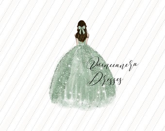 Sage Green Princess watercolor clipart, Dusty Green Quinceañera clipart, Green Wedding Dresses Mis quince Birthday Silver Glitter, CA104