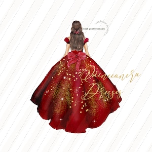 Burgundy Princess watercolor clipart, Burgundy Quinceañera clipart, Elegant Red Wedding Dresses Mis quince Birthday Gold Glitter, CA154