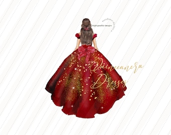 Burgundy Princess watercolor clipart, Burgundy Quinceañera clipart, Elegant Red Wedding Dresses Mis quince Birthday Gold Glitter, CA154