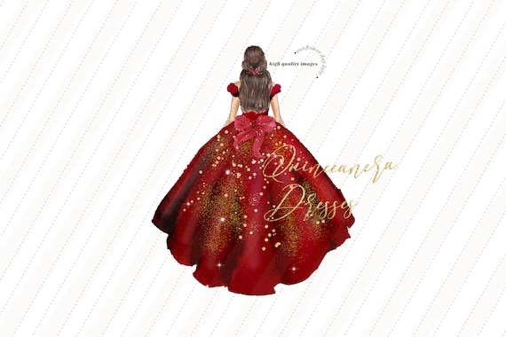 Burgundy Princess Watercolor Clipart Burgundy Quinceanera Clipart Elegant Red Wedding Dresses Mis Quince Birthday Gold Glitter CA154 Etsy UK