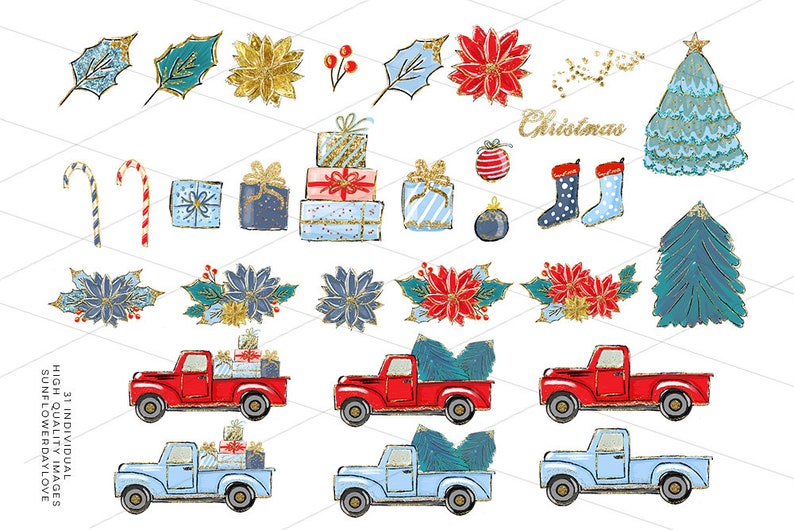 hand drawn clip art christmas red truck clip art christmas ornament clipart christmas illustration Cozy Christmas Illustration Clipart