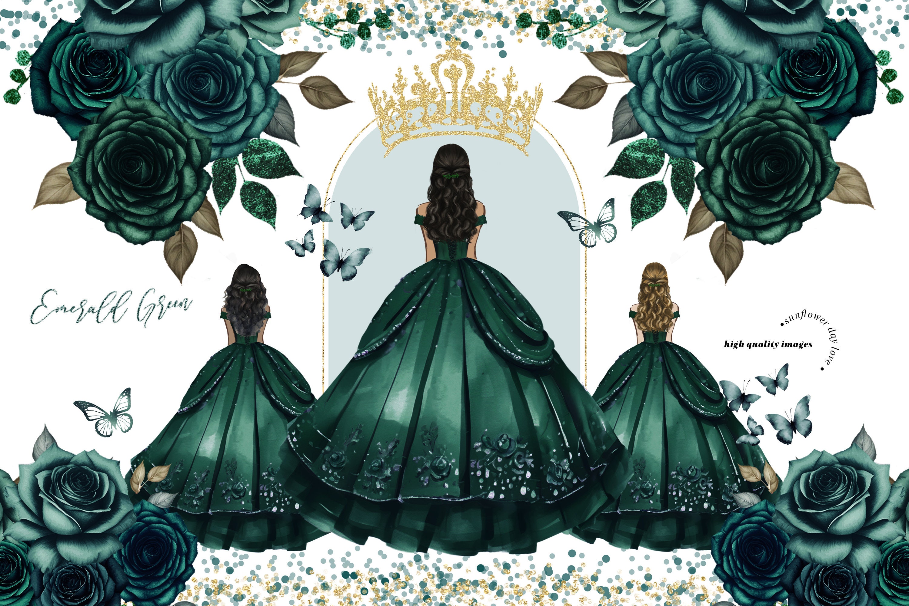 Emerald Green Princess Dress Butterfly Clipart, Hunter Green Flowers ...
