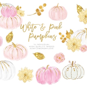 K&ouml;nnte beinhalten: Aquarellillustrationen von wei&szlig;en und rosa K&uuml;rbissen mit goldenen Glitzerakzenten und Blumenarrangements. Der Text "White & Pink Pumpkins" ist in goldener Schrift dargestellt. Zus&auml;tzliche Elemente sind goldene Bl&auml;tter und Blumen.