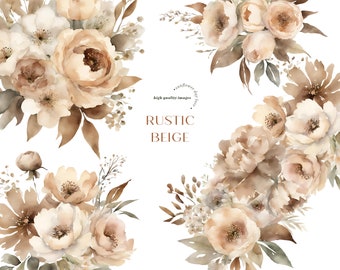 Elegant Rustic Beige Flowers Watercolor Bouquets Clipart, Rustic Floral Wedding Premade Gold Geometric Frames, Beige Floral Party Supplies