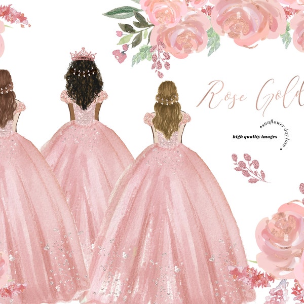 Rose Gold Princess Dresses Quinceañera, Rose gold Flowers watercolor Clipart, Elegant Dusty Pink clipart, Blush Pink Mis quince, CA158