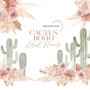 Cactus rosa erba della pampa floreale essiccata clipart, cactus taco terracotta fiori secchi foglia di palma, corona di pampa Boho acquerello Stick Planner