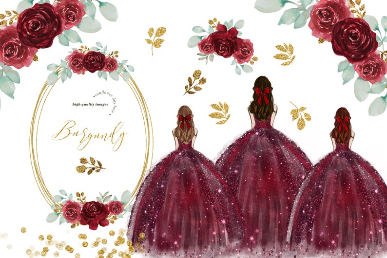 Burgundy Princess Dress Clipart Burgundy Flowers Watercolor | Etsy