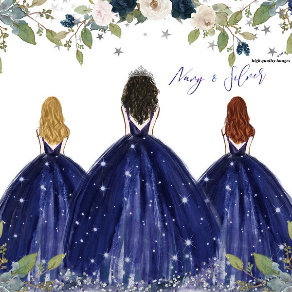 Navy & Silver Blue Princess Dresses and Over the moon watercolor Clipart, Navy Quinceañera Flowers clipart, Elegant Navy Wedding Dresses
