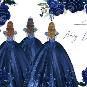 May include: Three women in navy blue ball gowns with glitter accents stand back to back. The background features watercolour illustrations of navy blue roses and leaves.