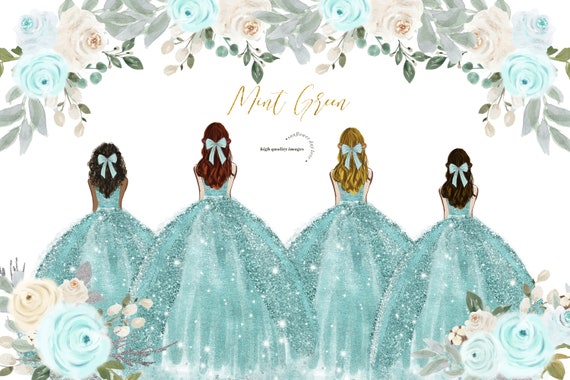 Mint Green Princess Dress Clipart Mint Green Flowers Watercolor
