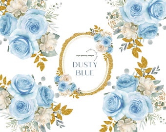 Watercolor Dusty Blue Flowers Clipart, Blue Flowers Bouquets Clipart, Elegant Dusty Blue Floral Wedding Premade Gold Geometric Frame Clipart