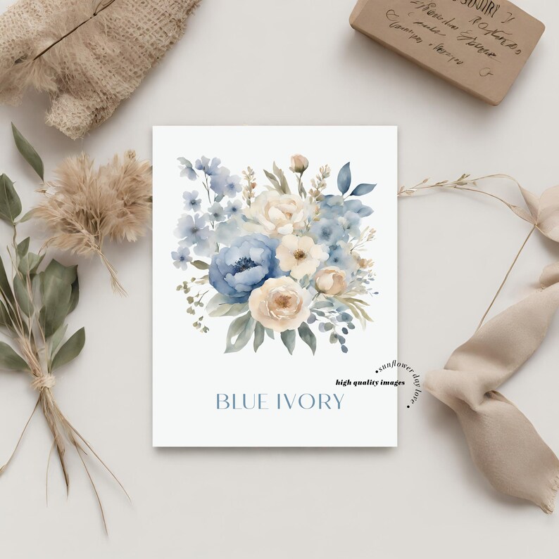 Elegant Navy & Ivory Flowers Watercolor Bouquets Clipart, Blue Floral Wedding Premade Gold Geometric Frames, White Floral Party Supplies image 4