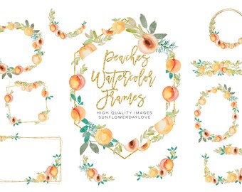 Peaches Watercolor Frames PNG, Peach flowers, sweet peaches clipart, Watercolour Fruit Greenery Illustration, wedding invite, scrapbooking