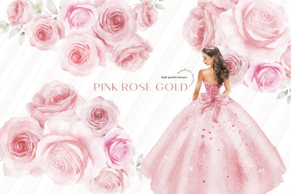 Pink Rose Gold Princess Watercolor Dresses, Dusty Pink Quinceaera Floral  Bow Clipart, Silver Glitter Mis Quince Spanish 15 Aos, CA208 - Etsy Israel