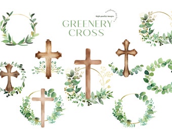 Greenery Floral Easter Cross Baptism Clipart, Greenery Flowers Rustic Cross, Green Leaves Watercolor, Flowers Wreath Holy Spirit Christening