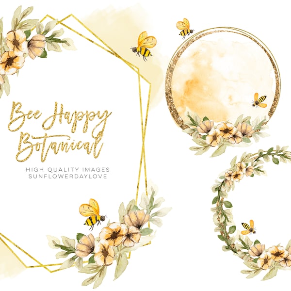 Bee Watercolor Clipart, Greenery Bee Frames Clip art, Honey Bees clipart, honeycomb clipart, flowers clipart, Bee and Floral Greenery paper