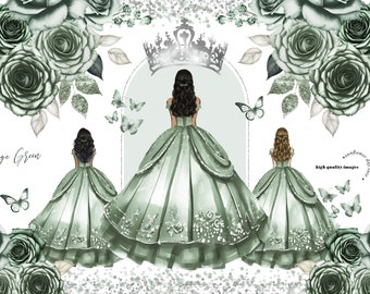 Clipart papillon robe de princesse vert sauge, fleurs vert poussiéreux aquarelle Quinceañera argent couronne robe de mariée mexicaine Clipart CA171