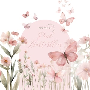 Clipart di farfalle di fiori selvatici rosa, Clipart di farfalle rosa acquerello, Bouquet di fiori rosa cipria, Cornice geometrica dorata preconfezionata per matrimonio