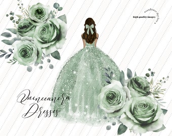 Sage Green African Girl Princess Dresses Clipart, Premade Quince watercolor clipart, Dusty Green Flowers Quinceañera Silver Glitter, CA104