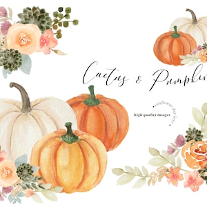 Fall Autumn Orange Pumpkins Green Cactus clipart, Botanical watercolor clipart, Pumpkin Boho Floral Leaves, Greenery Floral Digital Clip art