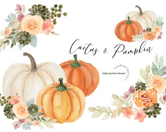 Herbst Herbst Orange Kürbisse Grün Kaktus Clipart, Botanische Aquarell Clipart, Kürbis Boho Floral Blätter, Grün Floral Digital Clip Art
