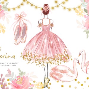 Pink Ballerina Princess Clipart, Pink & Gold Flowers clip art , Pink Ballerinas Watercolor Clipart, Swan Flowers Pink, invitation clipart